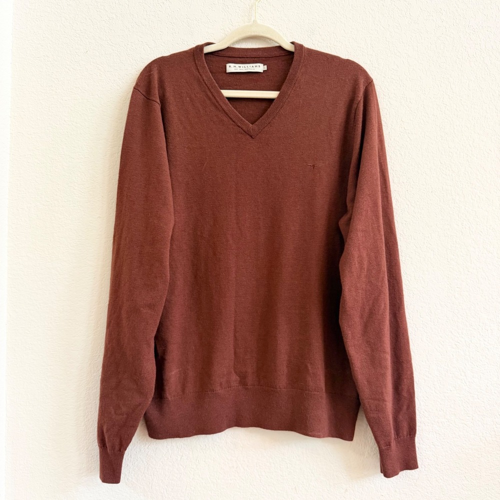 RM Williams Mens 100% Wool V-Neck Sweater Rust Brown Longhorn Logo Large KV20001